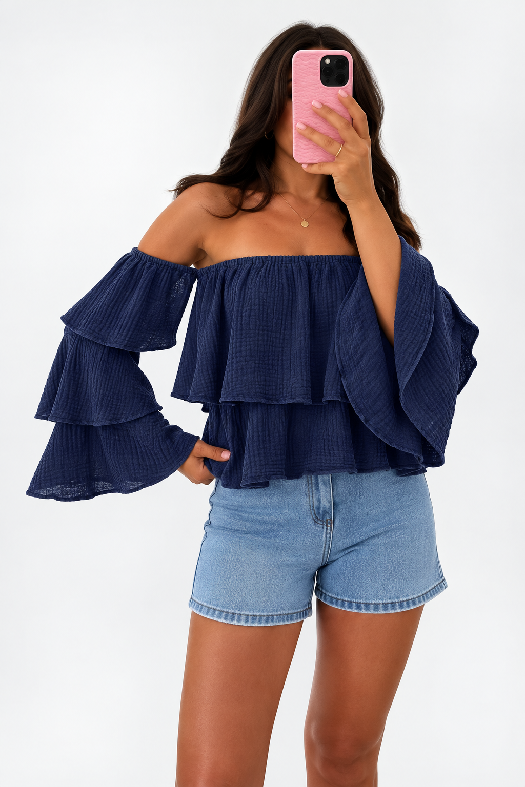 Musselin Carmen Bluse mit Trompetenärmeln