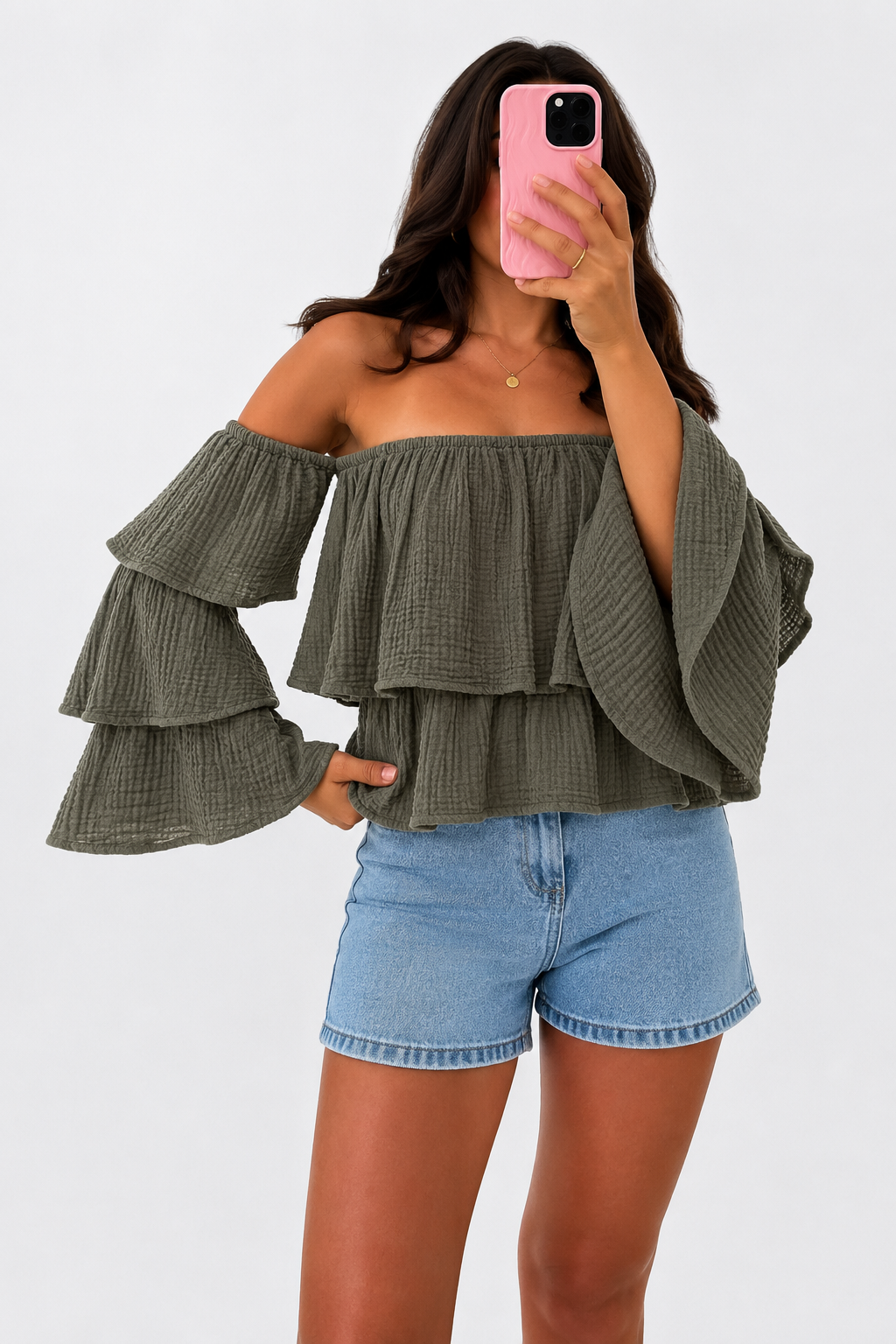 Musselin Carmen Bluse mit Trompetenärmeln
