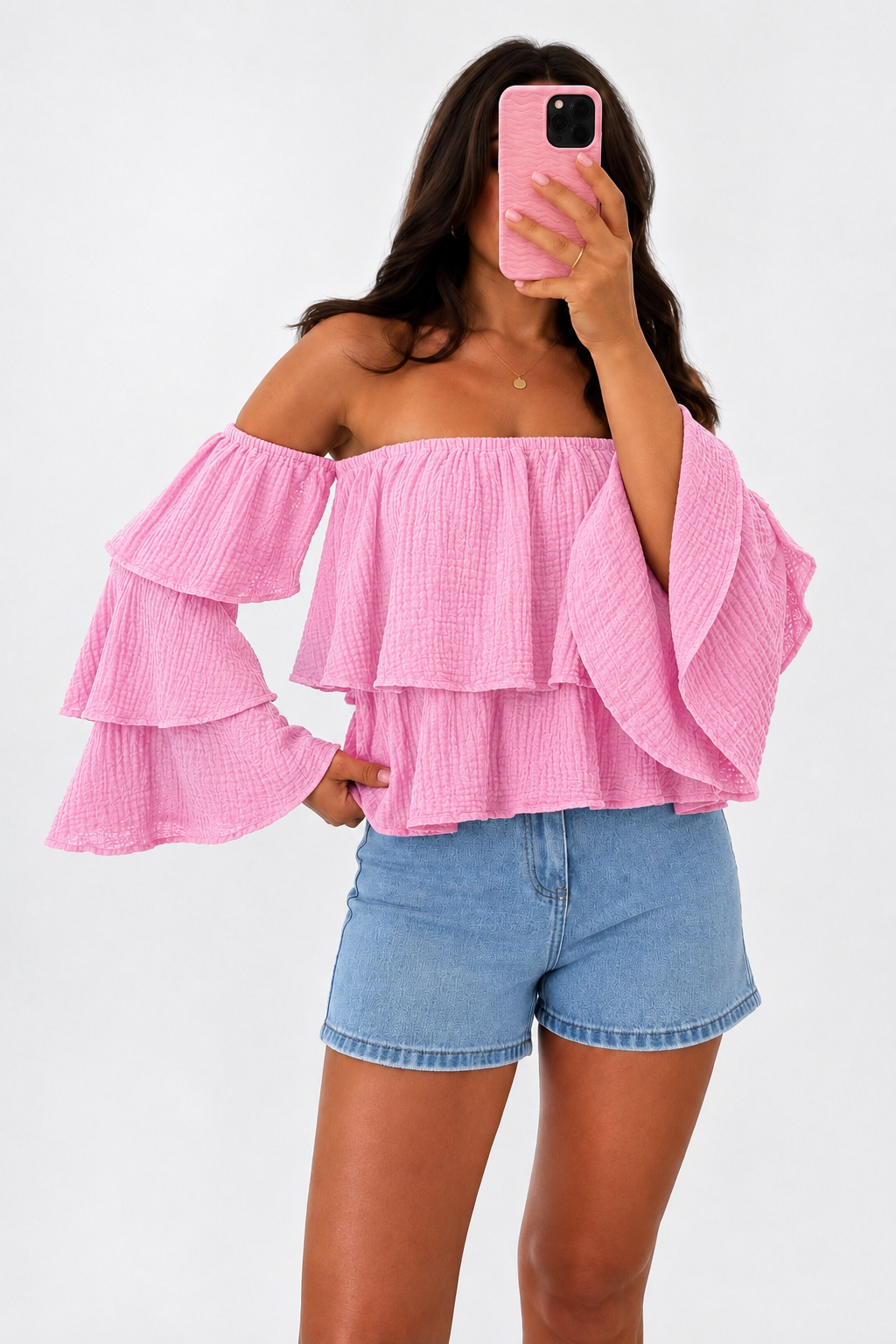 Musselin Carmen Bluse mit Trompetenärmeln