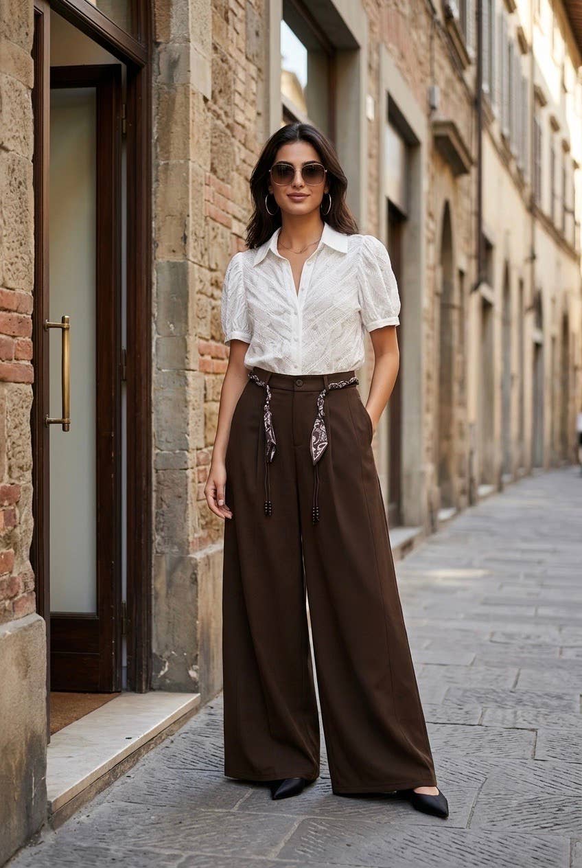 Weite Damenhose mit Schalgürtel: Kaffee