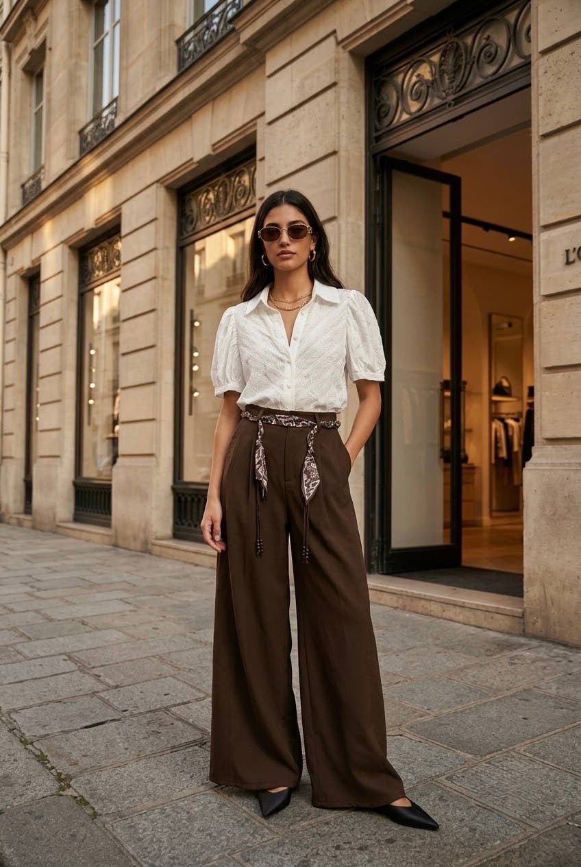 Weite Damenhose mit Schalgürtel: Kaffee